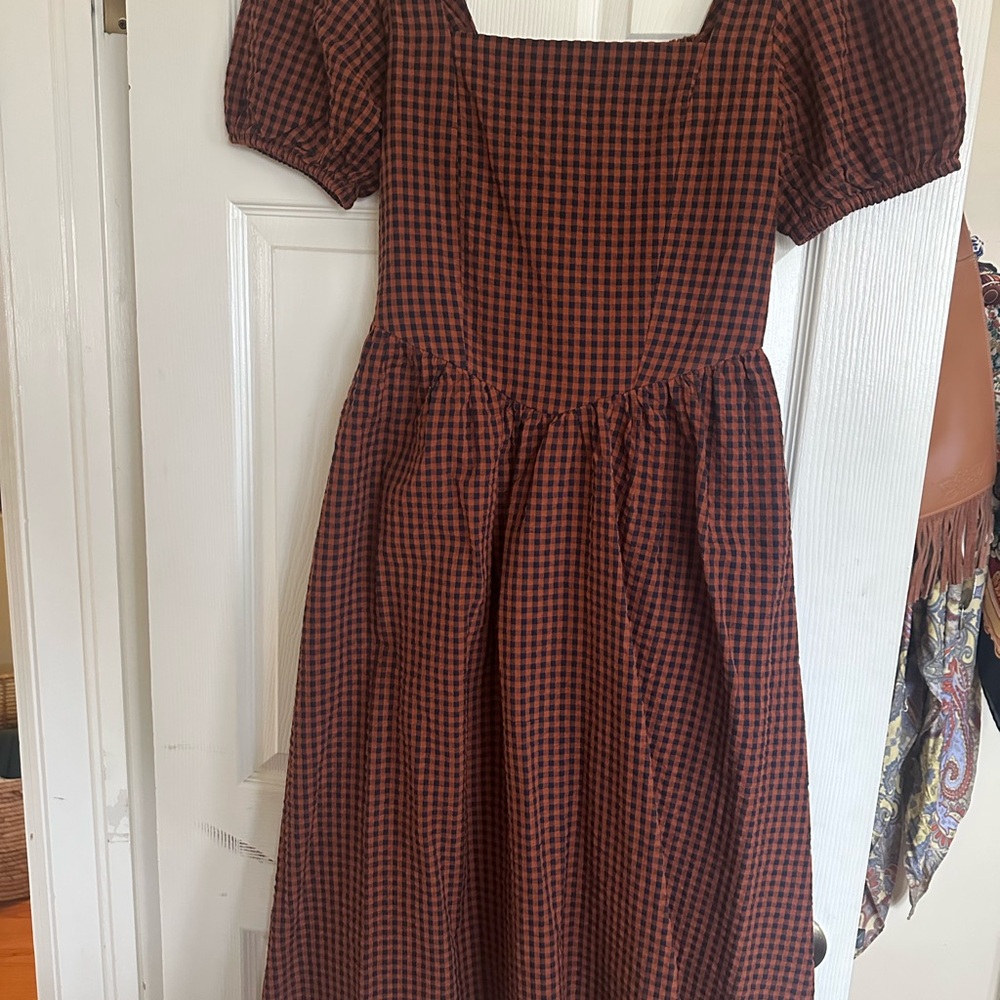 Burnt orange and navy blue midi dress